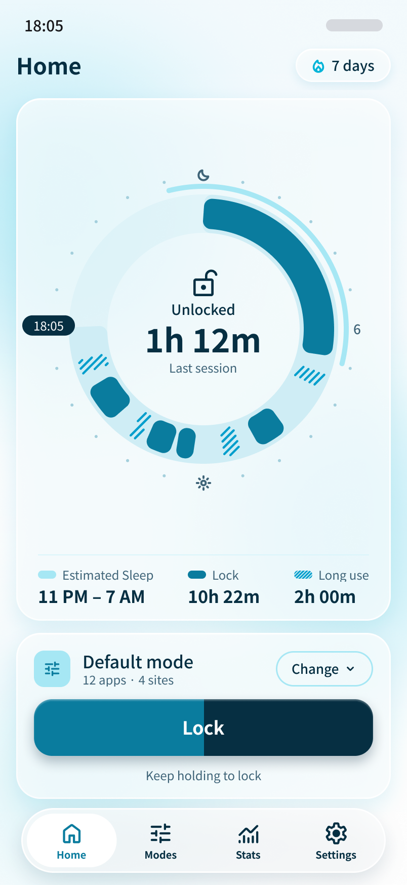 Atoll home screen showing a 24-hour ring and a hold-to-lock button